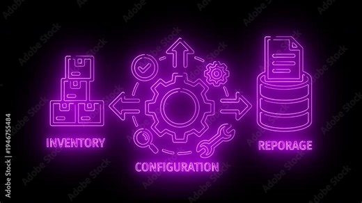 Neon-lit diagram of inventory, configuration, and reporage icons on a black background.