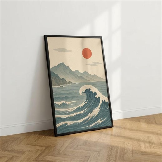 Minimalistic Japanese Wave Poster | Ocean Wall Art Print | Zen Seascape Decor - Etsy