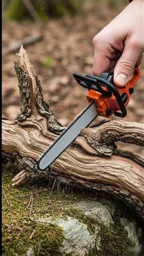 Mini chainsaw cutting dry tree branch