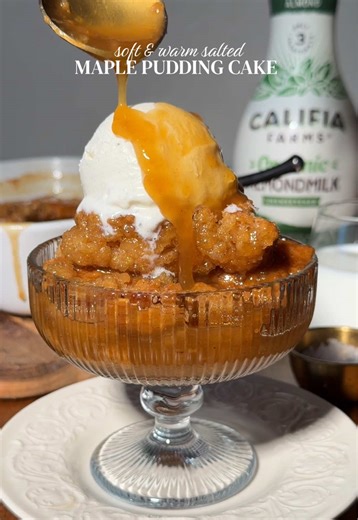 SALTED MAPLE PUDDING CAKE Soft and fluffy with a lightly crisp top, a gooey caramel-like maple sauce underneath, and the coziest warm salted maple flavor throughout 🍁 Made with @Califia Farms Organic Almondmilk, finished with flaky sea salt and best served warm — it’s pure comfort in every bite ✨ Recipe below OR go to my website at wellmadebykiley.com 🤎 #Recipe Details (10-12 servings): Cake: - 1 1/2 cups (180g) all-purpose flour - 2 tsp (8g) baking powder - 1/4 tsp (2g) salt - Optional: 1/4 t