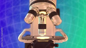 Concept for medicine with scientific microscope on rotating globe mesh, 4K 60fps UHD 3D animation clip art