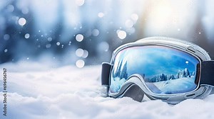 Winter Reflections: Snow Goggles on a Fresh Powder Day with Copy Space - Looping