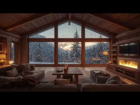 Cozy Ski Cabin Living Room | Snowy Mountain View & Fireplace Ambience