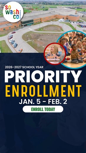 📣 Priority Enrollment is now underway at SoWashCo Schools! Looking for the right fit for your student and family? Now’s the time to explore your options: 🏫 Take a school tour and learn what SoWashCo has to offer 👉 Sign up here: https://forms.gle/nEBUysJmcBBz63o98 📝 Enroll online for the 2026–27 school year 👉 Get started: https://www.sowashco.org/enroll 🌟 Attend a Magnet School Information Night • 🕔 Tuesday, Jan. 6 | 5–6 p.m. – Valley Crossing Elementary School • 🕔 Wednesday, Jan. 7 | 5–6