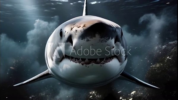 close-up animation of a great white shark (Carcharodon carcharias) swimming towards the camera. The shark opens its mouth, providing a detailed view of its teeth . The scene is set in dark, murky wate