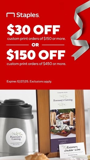 5.5K views | Invites, menus, posters, banners, brochures... Whatever you’re printing this holiday season, the savings are INCREDIBLE! Unwrap up to $150 off now with Staples. | Staples | Facebook