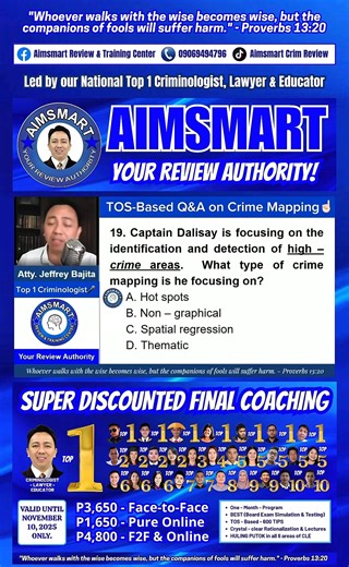 TYPES of CRIME MAPPING👮 “Iba ang AIMSMART, buddy. Napaka SOLID ng mga lecturers nila. Hindi ka lalabas ng apat na sulok ng kanilang review center na hindi ka natututo. Pati experiences ng mga lecturers mababaon mo paglabas para maging guide mo sa laban."- Cum Laude Kai Join our 𝗦𝗨𝗣𝗘𝗥 𝗗𝗜𝗦𝗖𝗢𝗨𝗡𝗧𝗘𝗗 𝗙𝗜𝗡𝗔𝗟 𝗖𝗢𝗔𝗖𝗛𝗜𝗡𝗚 with the following power inclusions: • One - Month - Program; • BEST (Board Exam Simulation & Testing);✍️ • TOS - Based - 600 TIPS;🤫 • Crystal - Clear Rational