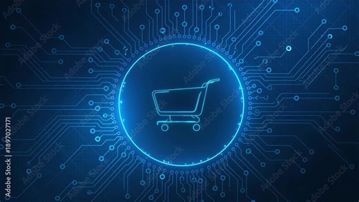 Enter the world of digital retail with this 4K HD video, featuring a shopping cart in a futuristic cybernetic environment. The shopping cart is encircled by digital data, symbolizing the convergence o