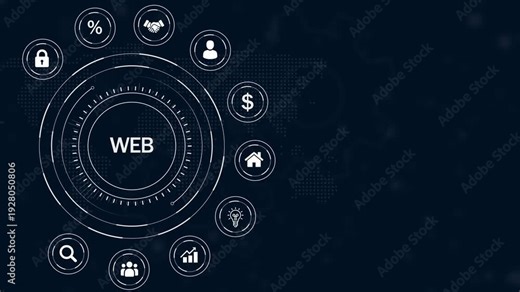 Central word WEB within a circular digital interface surrounded by white for business finance and technology on a dark blue background with a map and gear