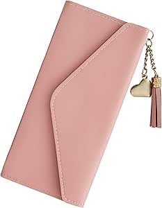Trifold Wallet for Women, Long Slim Women’s Wallet Clutch with Heart Pendant Tassel, PU Leather Women's Wallets Card Holder, Coin Slot (Pink)