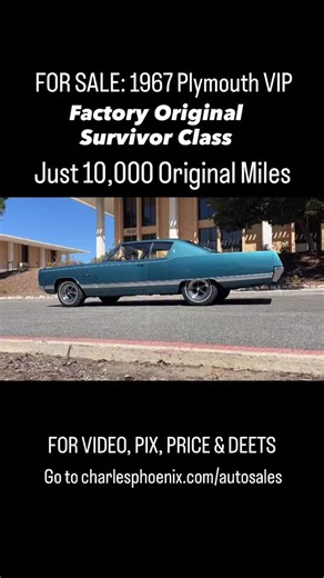 FOR SALE: 1967 Plymouth VIP ... Turn key survivor class factory original -driven just 10,000 miles since new located in Claremont, CA -Fly in drive home ... once in a lifetime find only for those who demand the very best !!! ... for video, pix, deets and price go to charlesphoenix.com/autosales (link in bio) #midcentury #mopar #moparfam #chrysler | Charles Phoenix