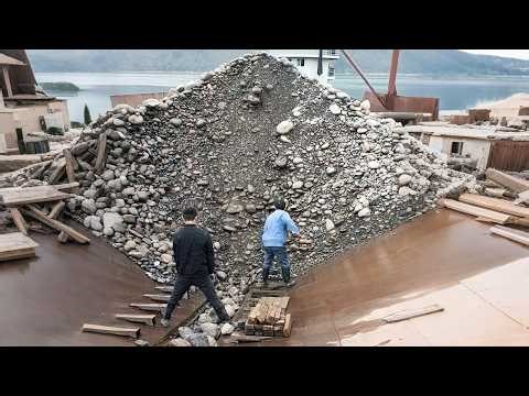 Barge unloads 3880 tons of cobblestone - Relaxing video - Work vlog on a barge