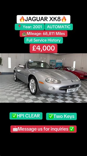 🔥JAGUAR XK8🔥 📍 Year: 2001 🚘 Make & Model: XK8 Convertible Auto 🛣️Mileage: 68,811 Miles ⚙️ Transmission: AUTOMATIC 5 gears ⛽ Fuel: PETROL 💲 Colour: Silver ✅HPI CLEAR ✅ MOT : 16 Jul 2027 ✅ BHP : 290 ✅ENGINE : 4 L ✅NON CAT ✅Excellent Condition ✅Ulez Compliant 💷Price: £4,000💷 📩Message us for inquiries ✅ #cardealership #cardealers #Jaguar #classiccar #classiccarsdaily