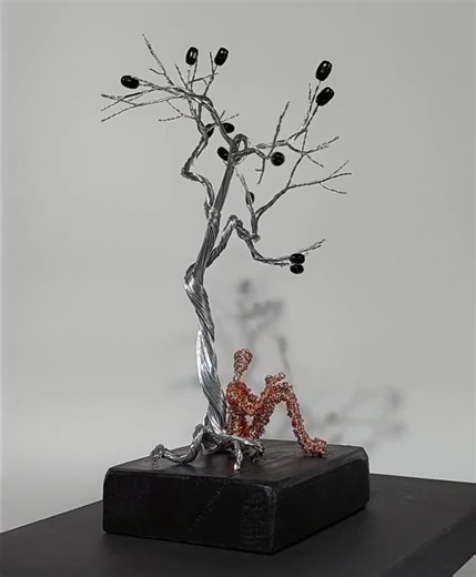Wire Olive Tree Sculpture with Copper Figure, Greek Art Tabletop Decor
