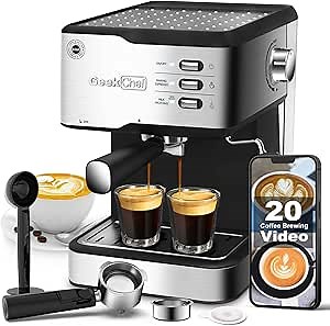 Geek Chef Espresso Machine 20 Bar, Cappuccino latte Maker Coffee Machine with ESE POD capsules filter&Milk Frother Steam Wand, 1.5L Water Tank, for Home Barista, Stainless steel 950W, Grey