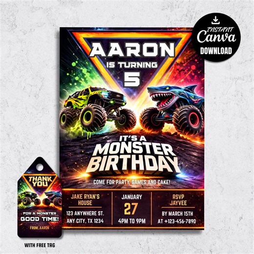 Monster Truck Birthday Invitation, Smash Crash Party Invite (5x7 Digital Download) - Etsy