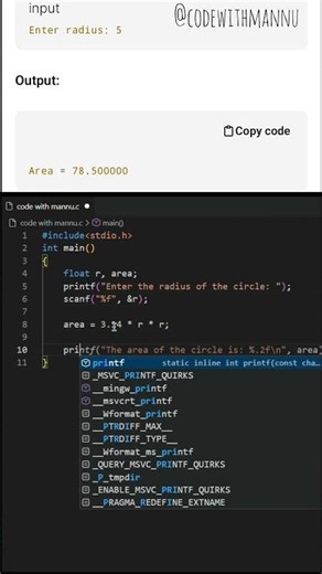 Tagline (Title):C Program to Find Area of Circle 💻 | Beginner Coding #Shorts#womenintech