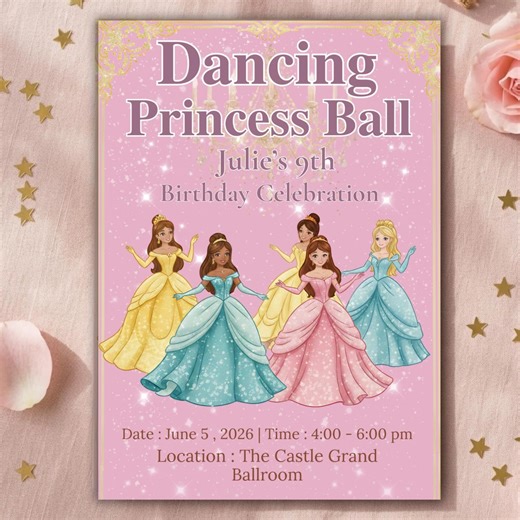 Princess Birthday Invitation Template, Dancing Princess Party Invite Editable , Kids Girls Ball Theme - Etsy