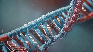 Video animation of close up view of a DNA double helix structure. The helix consists of two intertwined strands, representing the fundamental building blocks of genetic information