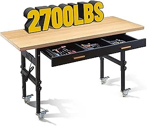 60" Height Adjustable Work Bench Table with Storage, Drawers, Wheels, Power Outlet - Heavy-Duty Garage Work Benches, 2700 LBS Load Capacity Wood Top Workbench for Workshop, Office, Home