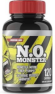 N.O. Monster Nitric Oxide Booster with L-Arginine – Extreme Pumps for Strength, Muscle Growth, Pre-Workout Support – Boost Energy, Stamina & Endurance – 120 Capsules, Made in the USA