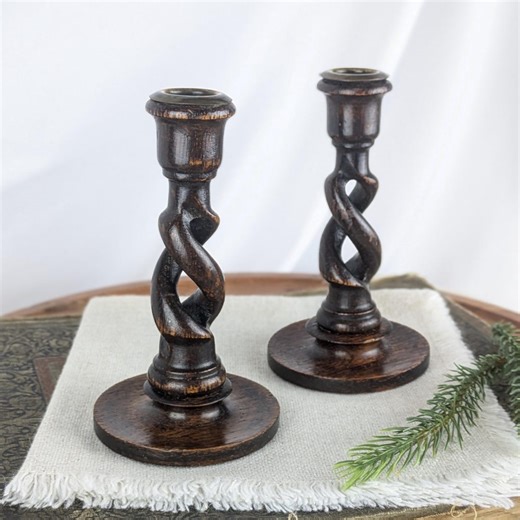 Antique Pair of Open Barley Twist Oak Candleholders, Vintage Dark Wood 6 Inch Old World Standard Taper Holders - Etsy