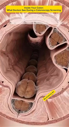 Inside Your Colon: What Doctors See During a Colonoscopy Screening Cross-sectional view looking down into colon showing internal anatomy. Central opening (lumen) surrounded by multiple haustra (pouch-like segments). Several rounded polyps or fecal masses visible within the colonic lumen. Pink muscular walls with visible vascular patterns and tissue layers. Demonstrates perspective from endoscopic viewpoint showing what gastroenterologists see during colonoscopy procedures. KEY DATA: Colonoscopy 