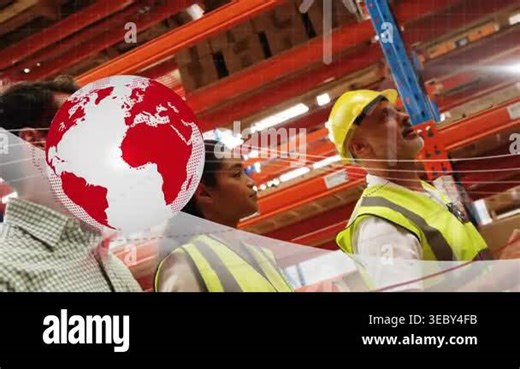 Warehouse lead starting speaking, pointing up, guiding team to racks while globe overlaying left. Industrial, logistics, storage, safety, collaboration, pallets, shelves Stock Video Footage - Alamy