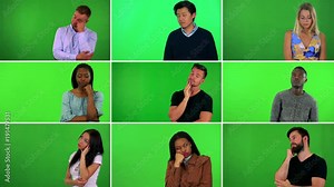 4K compilation (montage) - group of nine people act bored - green screen