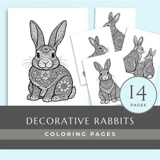 Decorative Rabbit Coloring Pages Printable, 14 Spring Coloring Sheets, Relaxing Easter Coloring Book - Etsy