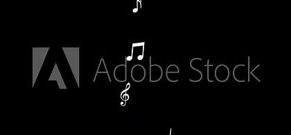 Animated white notes flying from bottom to top. Wave of flying notes. Music concept. Vector illustration isolated on a black background.