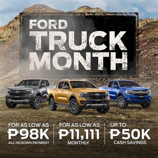 Ready to choose your own Ranger? Truck Month is back and our big deals are here! Get your next Ford Ranger for as low as P11,111 monthly or through an all-in low down payment deal of P98,000. Promo period runs from September 4 – 30, 2023. Terms and Conditions apply. Learn more at https://ford.to/FordTruckMonthOffers | Ford