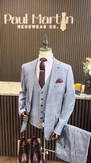 Sharp, timeless, and built to stand out. Our new Cavani navy checked 3-piece styled with a wine dotted tie and finished with bordo brogue shoes with a brown leather sole. The richness of the wine tie lifts the navy check perfectly, adding depth and contrast that brings the whole look together. A great example of how the right accessories can completely elevate a classic suit. Whether it’s for weddings, race days or special occasions, this combination makes a statement without overdoing it. #Paul