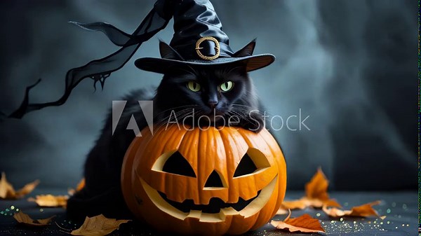 Video of a black cat in a witch’s hat perched on a pumpkin, crafting a spooky Halloween scene