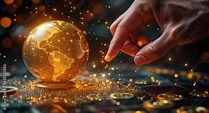 An investor's hand hovering over a globe with gold hotspots, strategic, photorealistic