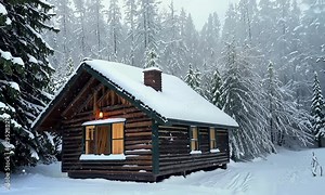 A cozy log cabin covered in snow, surrounded by tall evergreen trees in a winter landscape.