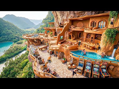 300 Days Building Entertainment Complex with Carved Arcade Machines on Hillside Using Primitive Tool