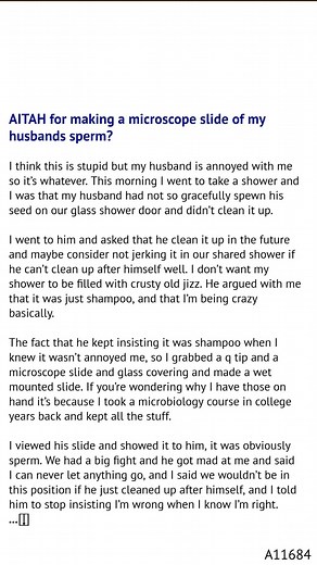 AITAH for making a ✨ microscope slide of my husbands 🌟 sperm? | Josephine Norman