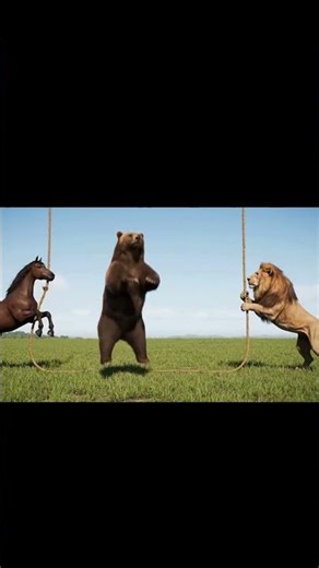A bear is jumping rope while a horse and lion are on both ends #earth #nature #wildlife #cuteanimal