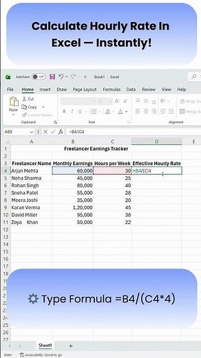 💸 Calculate Hourly Rate in Excel — Instantly! #Shorts