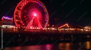 Video animation of Ferris wheel adorned with vibrant red lights. Nearby structures also emit colorful illumination, reflecting their glow on the calm water below