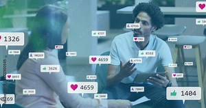 Marketing analyst explaining tablet data while heart icons rising and like counts moving around duo