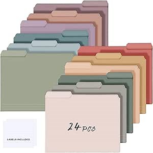 24 Pcs Colored Manila File Folders Letter Size with Labels 9.49 x 11.61 Inch 1/3 Cut Tab File Folders for Office Organizer Dividers Notes (Vintage Color)