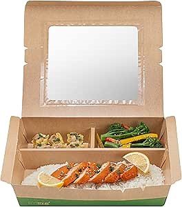 Restaurantware Paper Bento Box 100 Count 78 Ounces Paper Lunch Container Kraft Food Box, Greaseproof Disposable Three Compartment Meal Prep Box with Transparent PLA window