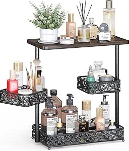 3 Tier Storage Organizer Countertop,Bathroom Sink Organizer Countertop with Two Rotating 360° Metal Baskets for Bathroom Kitchen Dresser Bedroom Office Spice Rack Perfume Toiletries Makeup (Black)