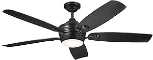 Kichler 56 Inch Tranquil 5 Blade LED Weather+ Outdoor Ceiling Fan with Etched Cased Opal Glass in Black with Satin Black Blades and Remote Control