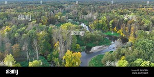 River delta floodplain autumn fall color meander drone aerial inland video shot in sandy sand alluvium, benches forest and lowlands wetland swamp, qua Stock Photo - Alamy