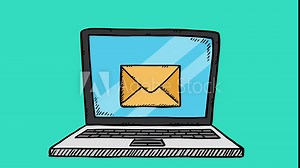 Colorful, cartoon style animation of email with virus on laptop screen. When email is open a message with virus comes out of the enveloped. Virus infects system and laptop screen go's red.