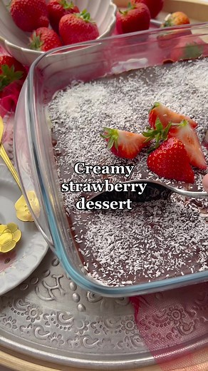 STRAWBERRY DESSERT #dessert #strawberry #recipe #ramadan #ramadan2023 #eid #eid2023 #fy #fyp #foryou #foryoupage #viral #trending #food #tiktokfood #creamy FILLING 397 g condensed milk (1 can) 500 ml milk 50 g cornstarch EXTRA 250 g strawberries TOPPING 100 g milk chocolate 50 ml whipping cream GARNISH grated coconut In a deep bowl, combine the milk and condensed milk. Mix everything well using a whisk. Sift the cornstarch into the bowl and mix well. Put the milk mixture into a deep pan and cook