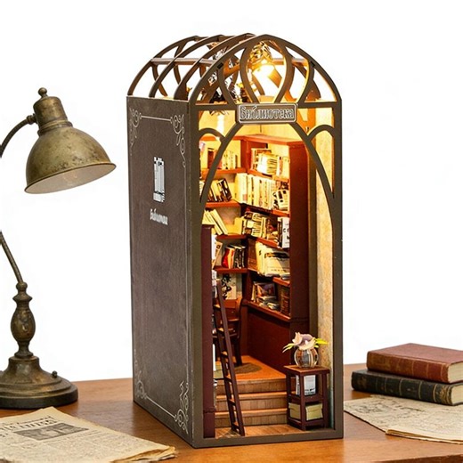DIY Library Book Nook Kit With LED Light | Miniature Wooden Dollhouse Bookshelf Insert | 3D Puzzle Bookend Decor | Book Lover Gift Idea - Etsy
